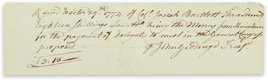 (AMERICAN REVOLUTION--PRELUDE.) Giddings, John. Receipt for New Hampshires expense account for the First Continental Congress.